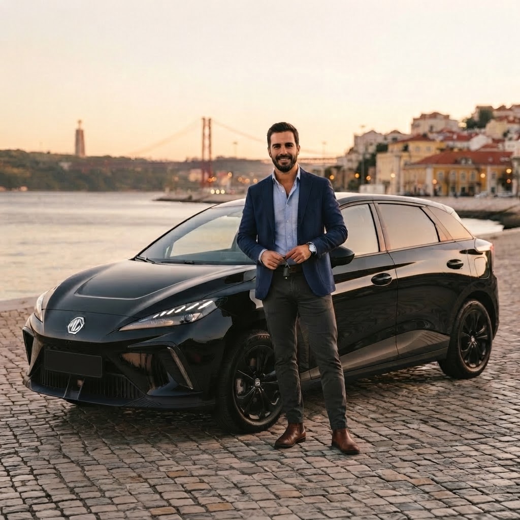 Private driver with a black electric MG4 in Lisbon