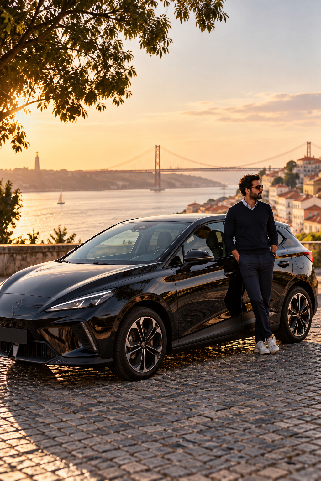 Black electric MG4 with a private driver beside the Tagus in Lisbon